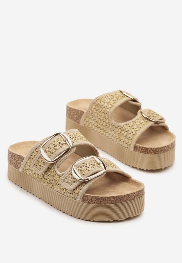 Beżowe Szydełkowe Klapki na Niskiej Platformie z Paskami z Klamrami Redeleine