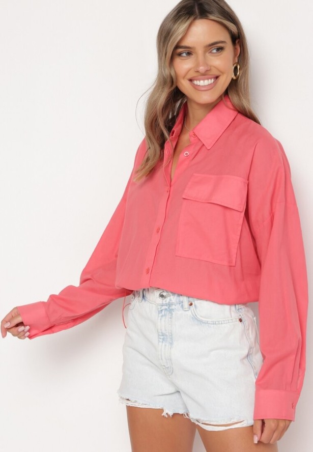 Ciemnoróżowa Bawełniana Koszula z Dłuższym Tyłem z Ozdobną Kieszonką i Gumką Ralena