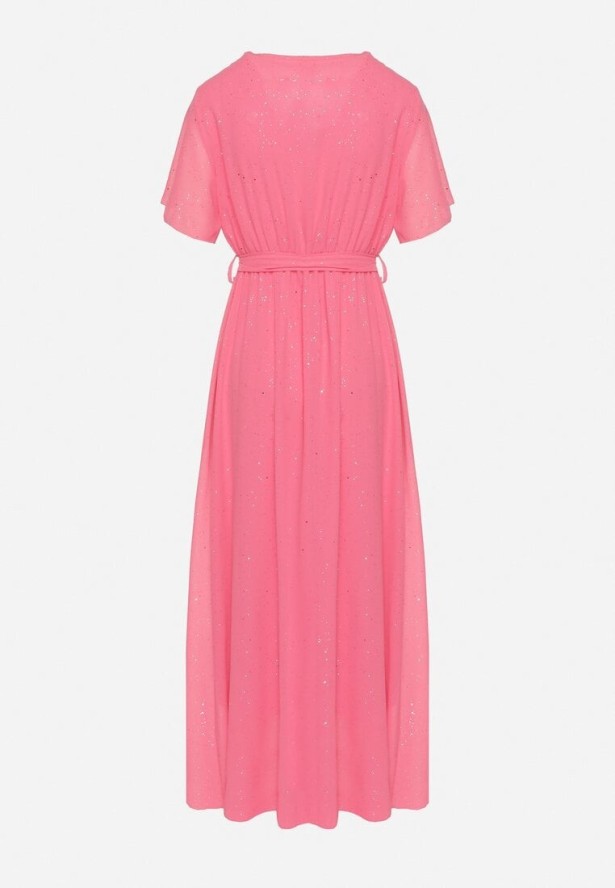 Fuksjowa Brokatowa Sukienka Koktajlowa Ozdobiona Paskiem Ziliane