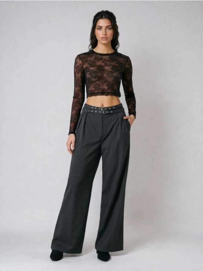 Spodnie wide leg z paskiem - szary