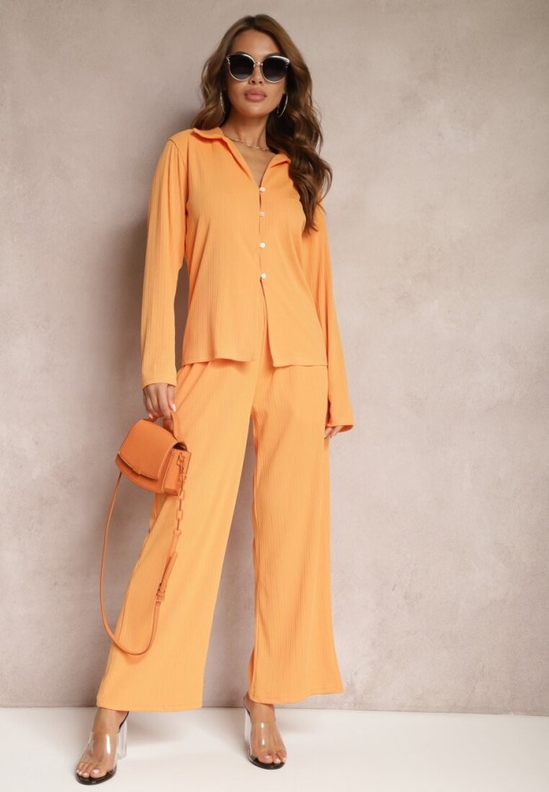 Pomarańczowy Komplet Casualowy Szerokie Spodnie z Gumką w Pasie i Koszula Sansia