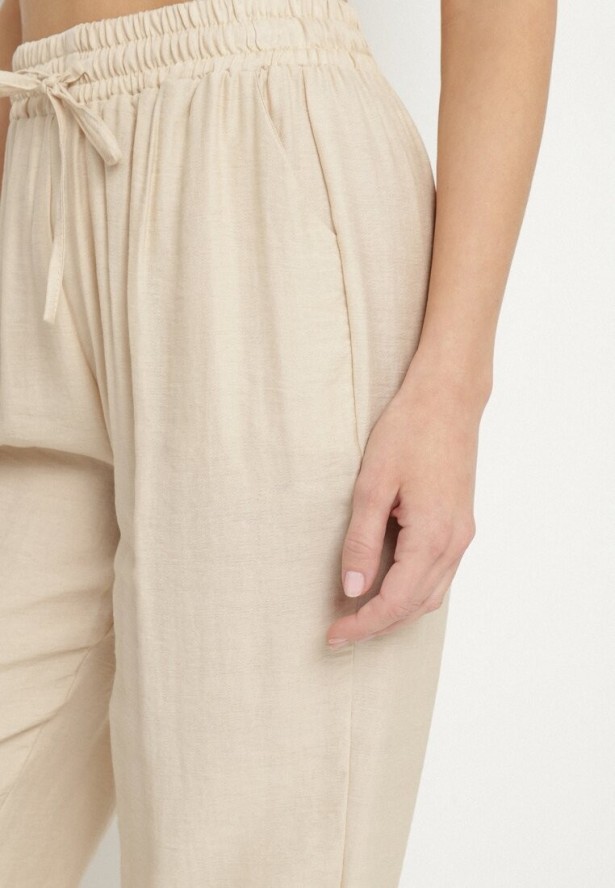 Beżowe Spodnie z Bawełną i Wiązaniem Maiovelle