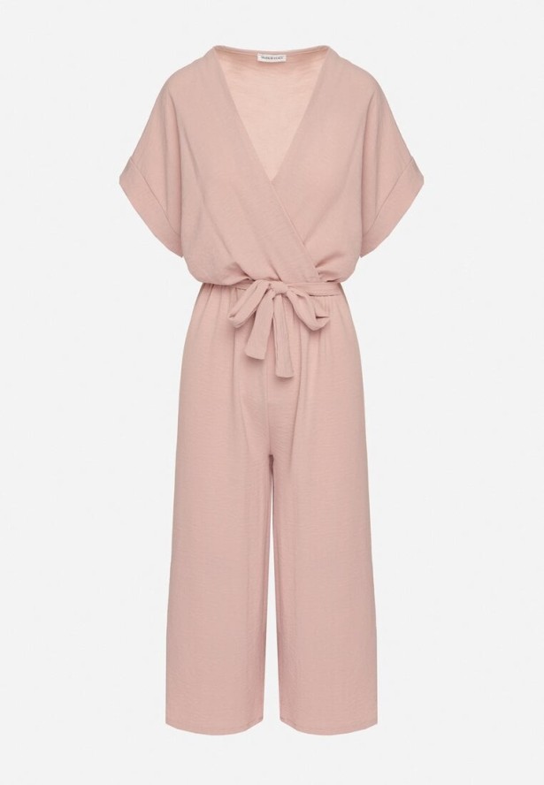Różowy Kombinezon o Kopertowym Kroju z Wiązanym Paskiem Tenirea