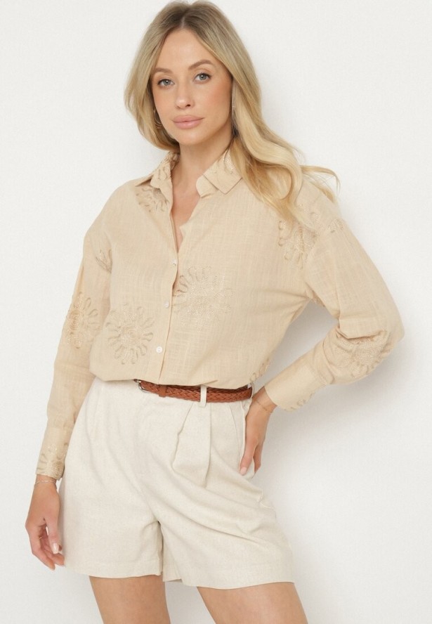 Beżowa Bawełniana Koszula z Lnem Zdobiona Haftem Terkio