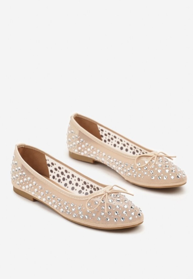 Beżowe Siateczkowe Balerinki Zdobione Cyrkoniami i Kokardką Revia