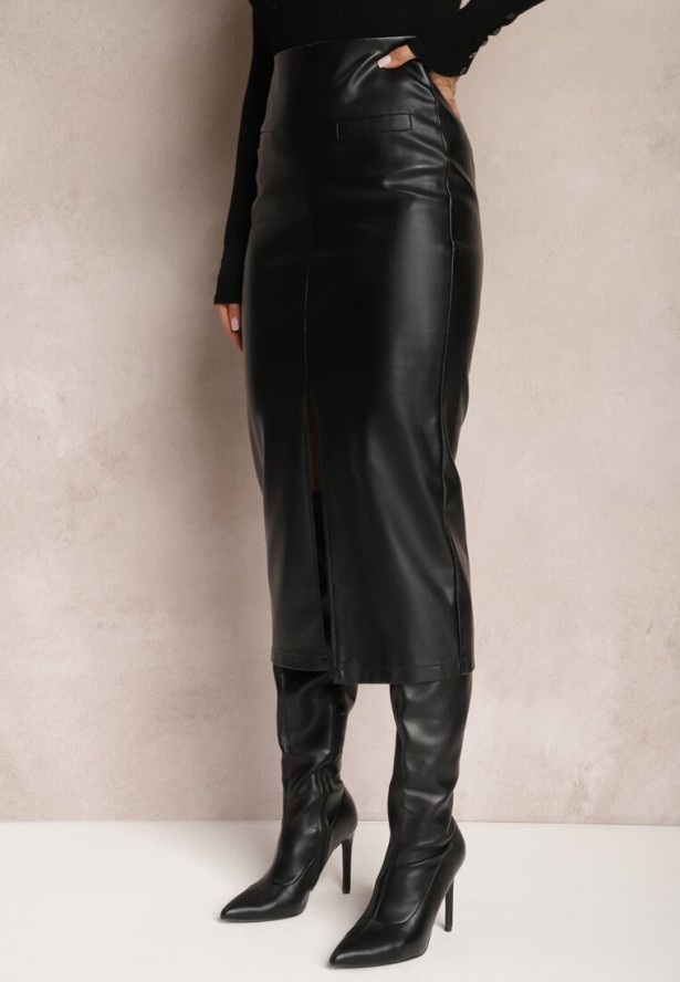 Czarna Ołówkowa Spódnica Midi z Imitacji Skóry Ozdobiona Rozcięciem Seramia