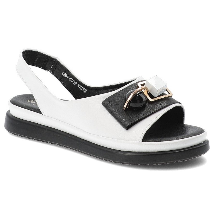 Sandały damskie S.Barski, ze skóry ekologicznej ozdobna klamra dekoracyjne kamienie lekka podeszwa casual letnie, białe, GR61-5932