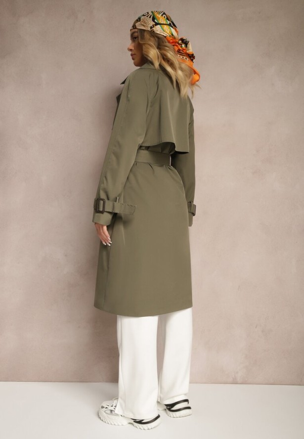 Zielony Dwurzędowy Płaszcz Trencz z Paskiem Ninnolia