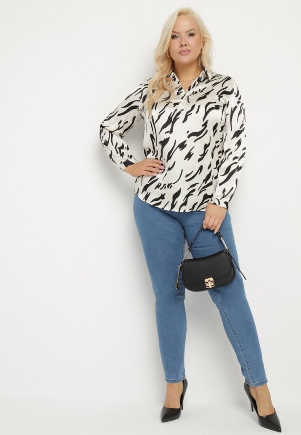 Biała Koszula z Motywem Pasków i Podpinanymi Rękawami Iloreth