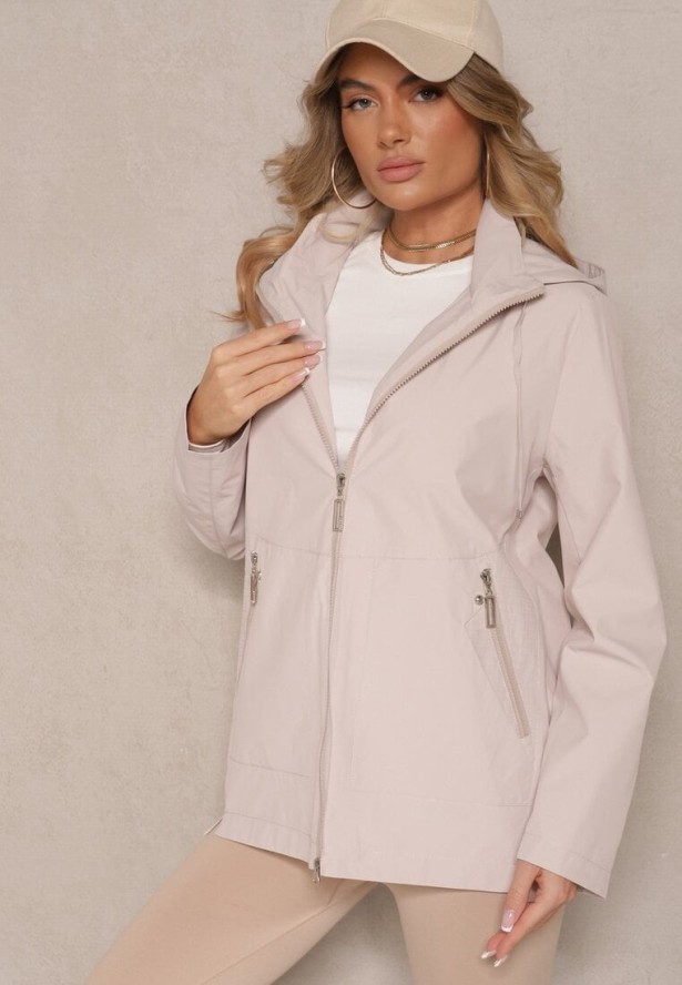 Jasnobeżowa Kurtka w Stylu Wiatrówki z Odpinanym Kapturem Ndivena