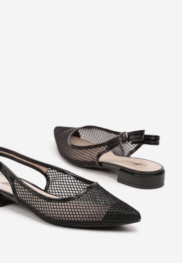 Czarne Brokatowe Sandały z Siateczki z Noskiem w Szpic i Odkrytą Piętą Korvesis