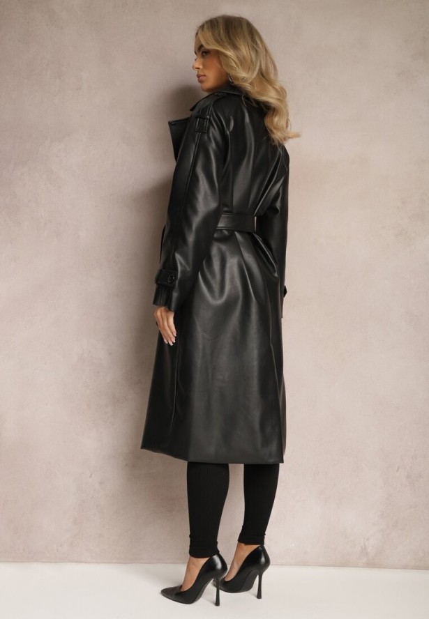 Czarny Płaszcz Dwurzędowy z Ekoskóry z Wiązaniem w Pasie i Wsuwanymi Kieszeniami Lihova
