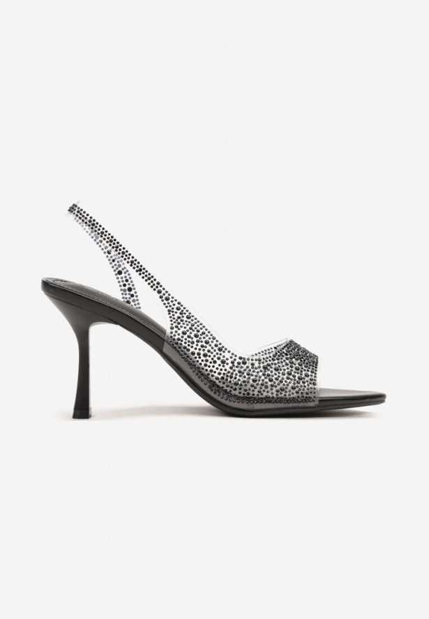 Czarne Sandały na Niskiej Szpilce z Otwartym Noskiem Zdobione Cyrkoniami Rialiana