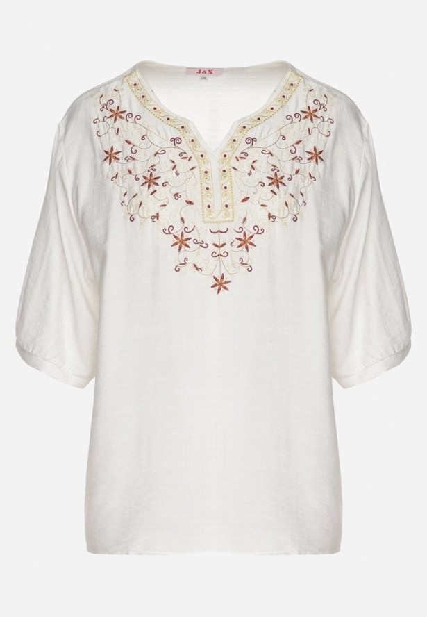 Biała Bawełniana Bluzka z Haftowanymi Zdobieniami Przy Dekolcie Mirundria