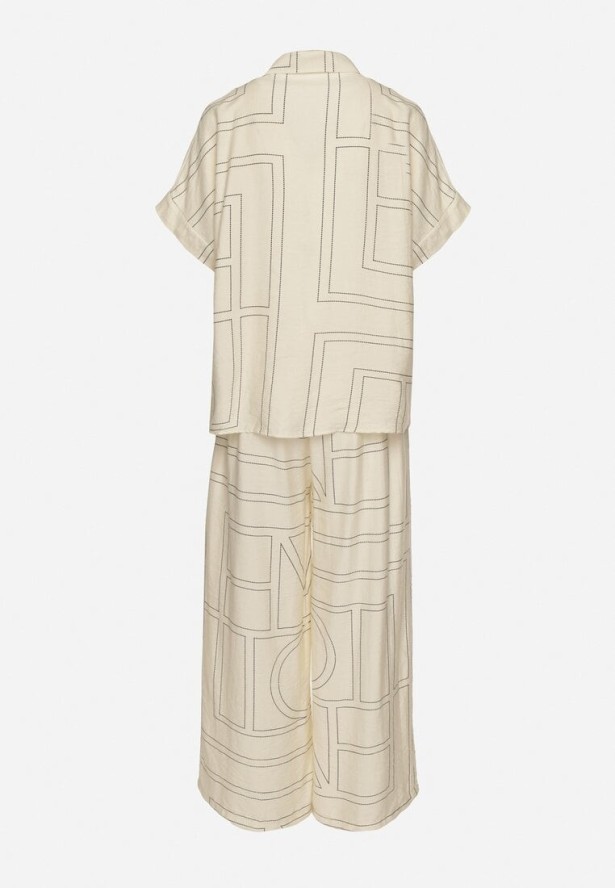 Jasnobeżowy Komplet z Lnem i Wiskozą Koszula i Spodnie w Geometryczny Wzór Fevoline