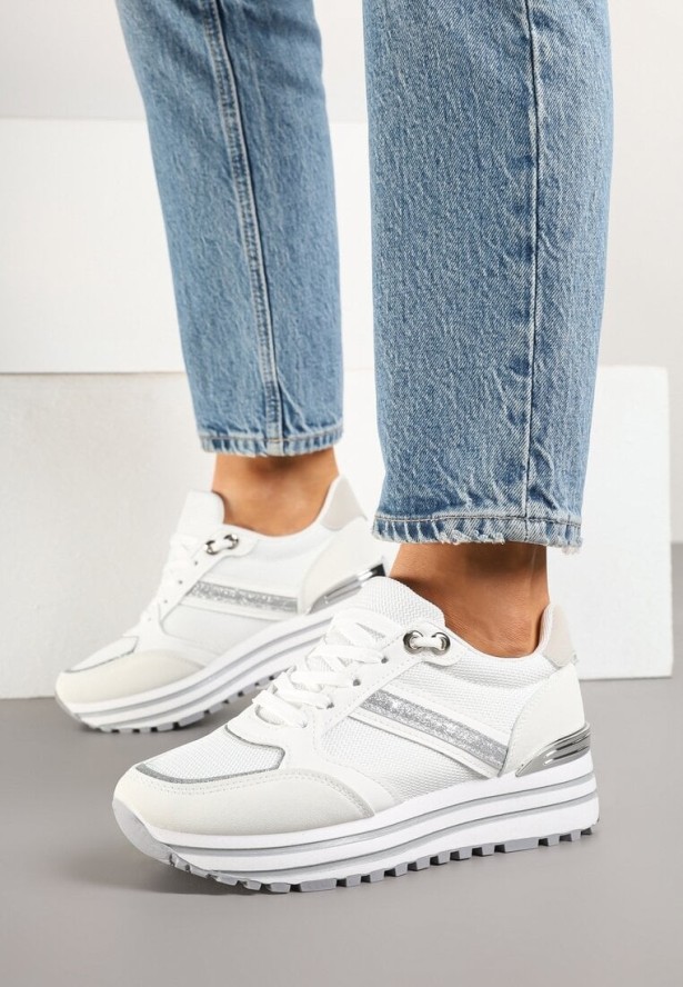 Białe Sneakersy na Grubej Podeszwie Zdobione Brokatem Elenina