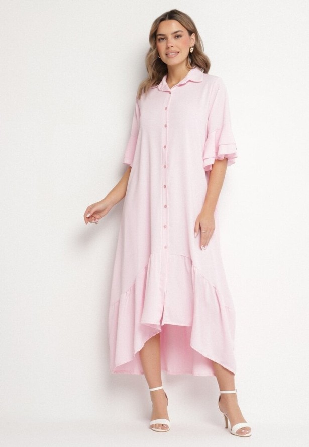 Różowa Sukienka Koszulowa z Ozdobną Falbanką Daviravie