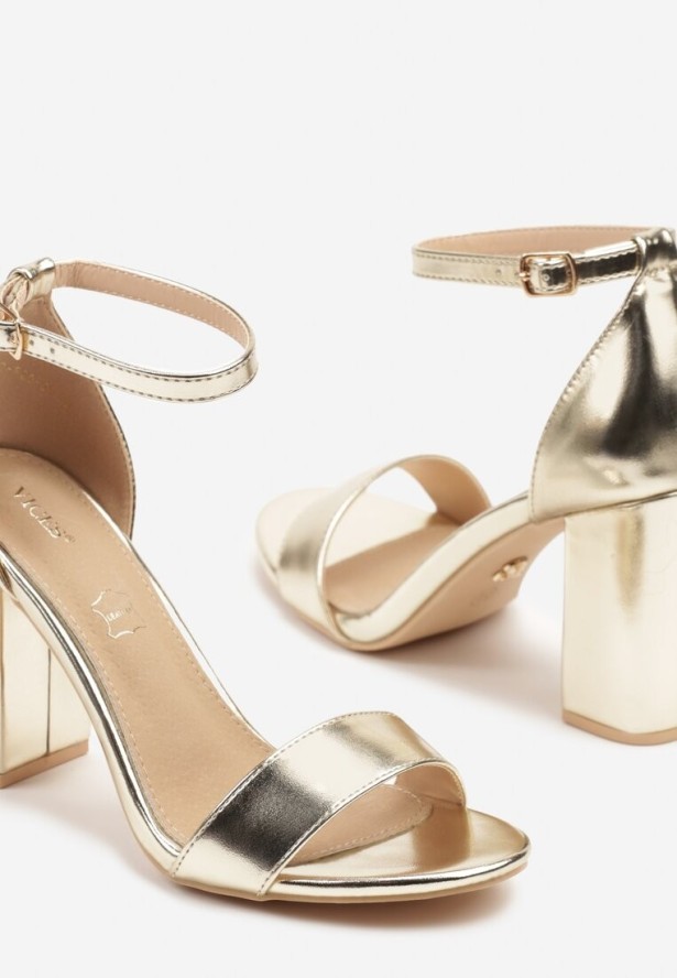 Złote Sandały Vices na Obcasie ze Skórzaną Wkładką Lishiria