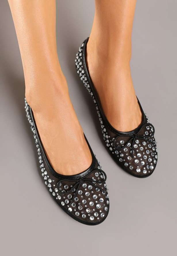 Czarne Balerinki z Siateczki Zdobione Cyrkoniami i Kokardką Falondria