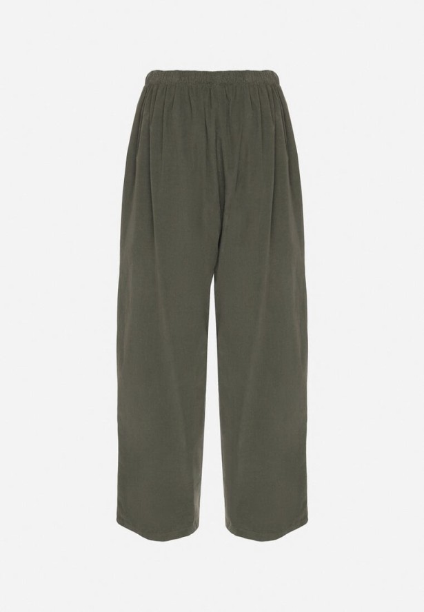 Ciemnozielone Szerokie Spodnie z Bawełny z Wysokim Stanem Florili
