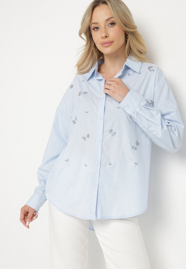 Jasnoniebieska Koszula z Bawełny Ozdobiona Naszywkami Katiema