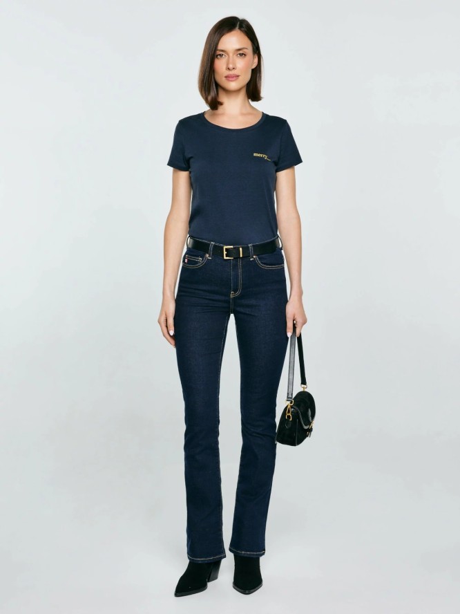 Koszulka damska z brokatowym nadrukiem granatowa Merra 403