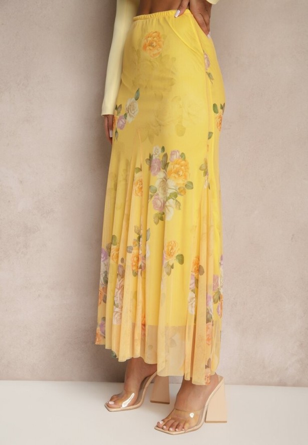 Żółta Spódnica w Kwiatowy Wzór o Rozkloszowanym Kroju Efrirene