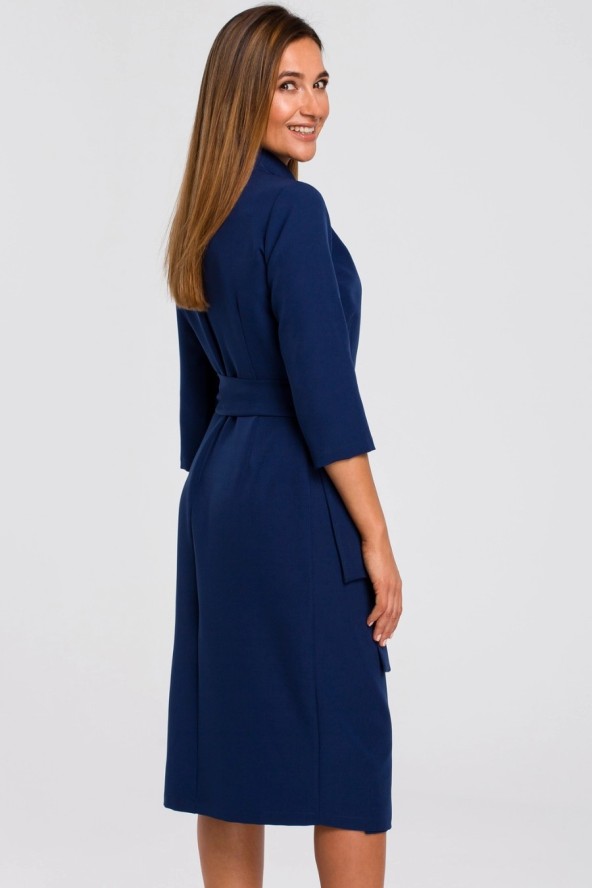 Elegancka sukienka biznesowa kopertowa midi z paskiem granat