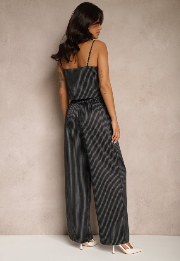 Czarny Komplet z Wiskozy w Pionowe Prążki Top i Szerokie Spodnie Miltebia