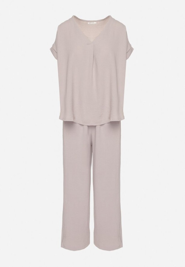 Jasnoszary Komplet z Wiskozą Koszulka z Krótkim Rękawem i Luźne Spodnie na Gumce z Kieszniami Efraline