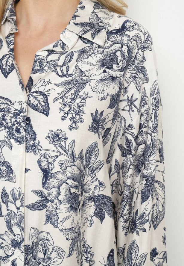 Granatowy Komplet Wiskozowy z Koszulą w Kwiaty i Szerokimi Spodniami Hanalore