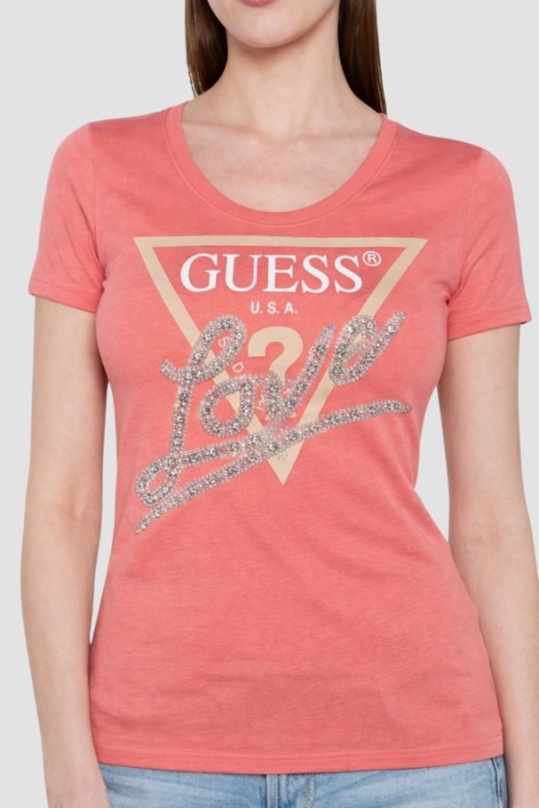 GUESS Różowy damski t-shirt Pearls Love, Rozmiar XS