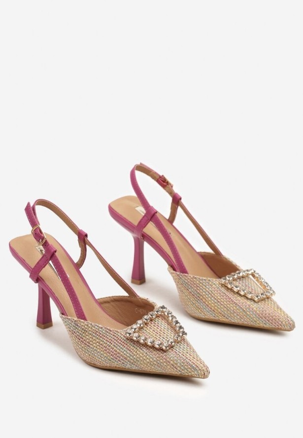 Beżowo-Fuksjowe Szpilki z Odkrytą Piętą Plecioną Cholewką i Metaliczną Ozdobą Neltina