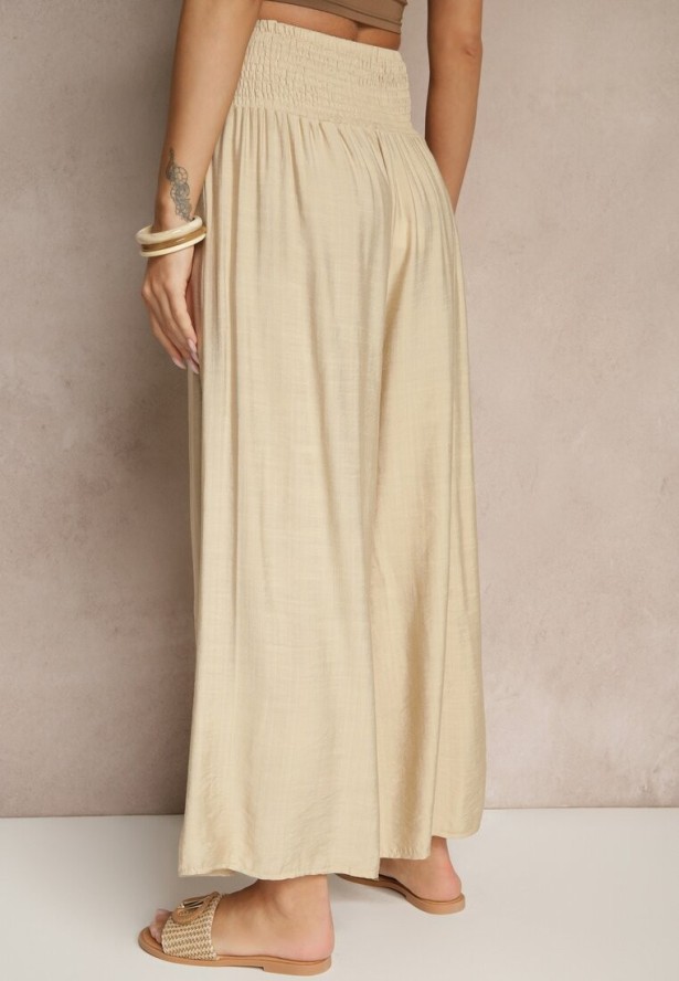 Beżowe Spodnie z Wiskozą o Szerokim Kroju High Waist Orrana