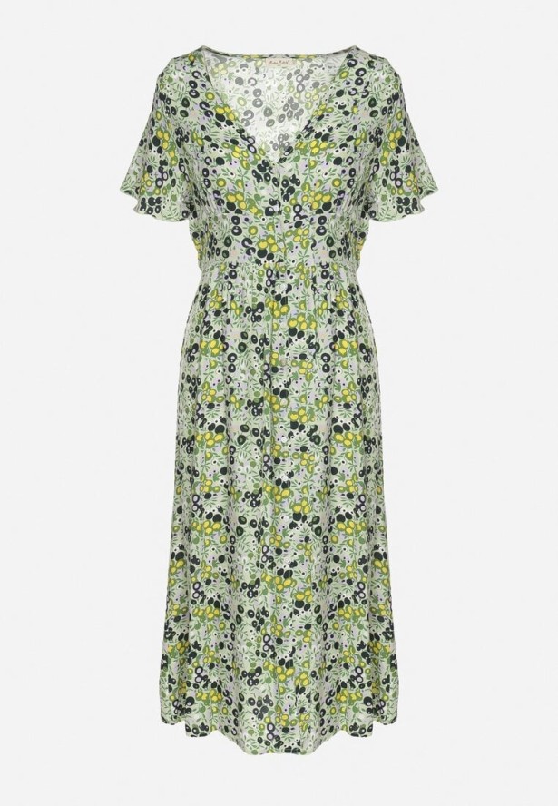 Zielona Rozkloszowana Sukienka z Wiskozy z Dekoltem w Serek Zapinana na Guziki Neliae