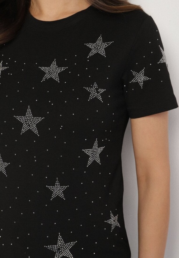 Czarny Bawełniany T-shirt z Cyrkoniowymi Aplikacjami w Gwiazdki Tenivella