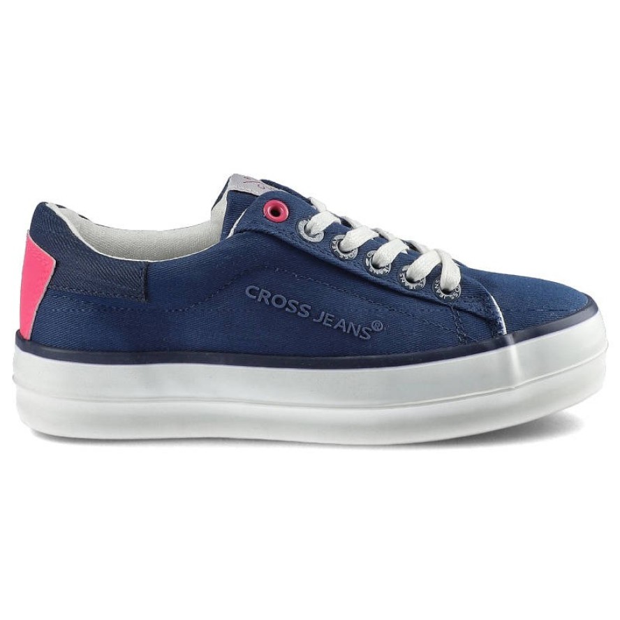 Trampki damskie Cross Jeans, z materiału tekstylnego o drobnym splocie z klasycznym sznurowaniem wzmocnioną strefą pięty oraz podwyższoną płaską pode