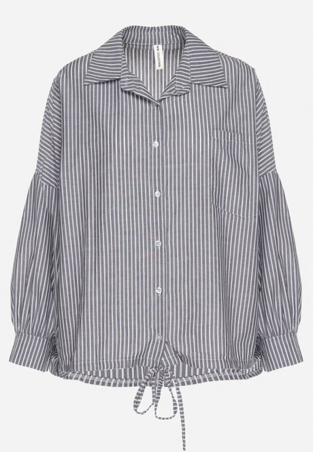 Ciemnoszara Bawełniana Koszula Oversize w Paski ze Ściągaczem Elineola