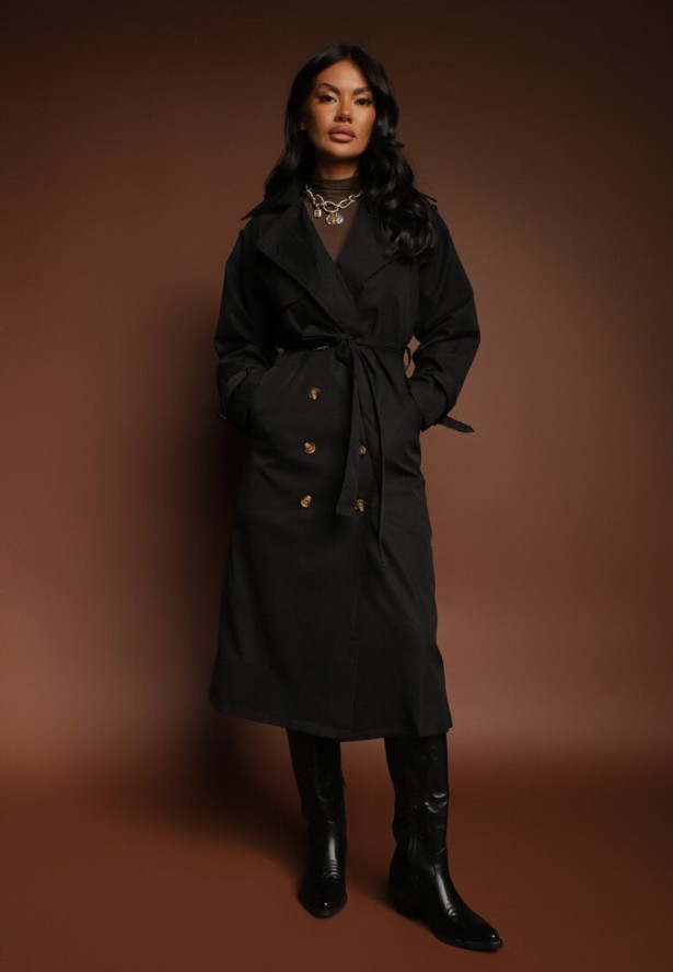 Czarny Płaszcz o Wydłużonym Fasonie Trencza z Guzikami i Paskiem Dennime