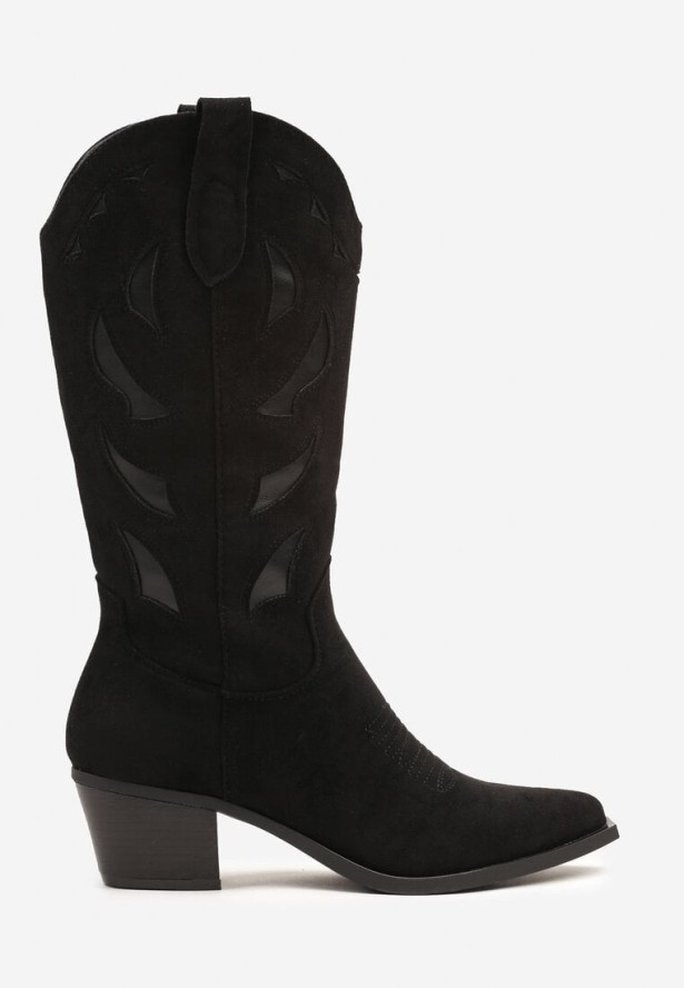 Czarne Botki Kowbojki na Stożkowym Obcasie z Geometrycznym Wzorem Lativia