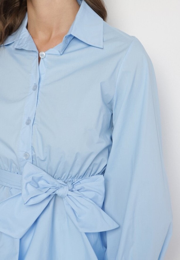 Niebieska Koszula z Gumką w Talii z Materiałowym Paskiem Lanothia