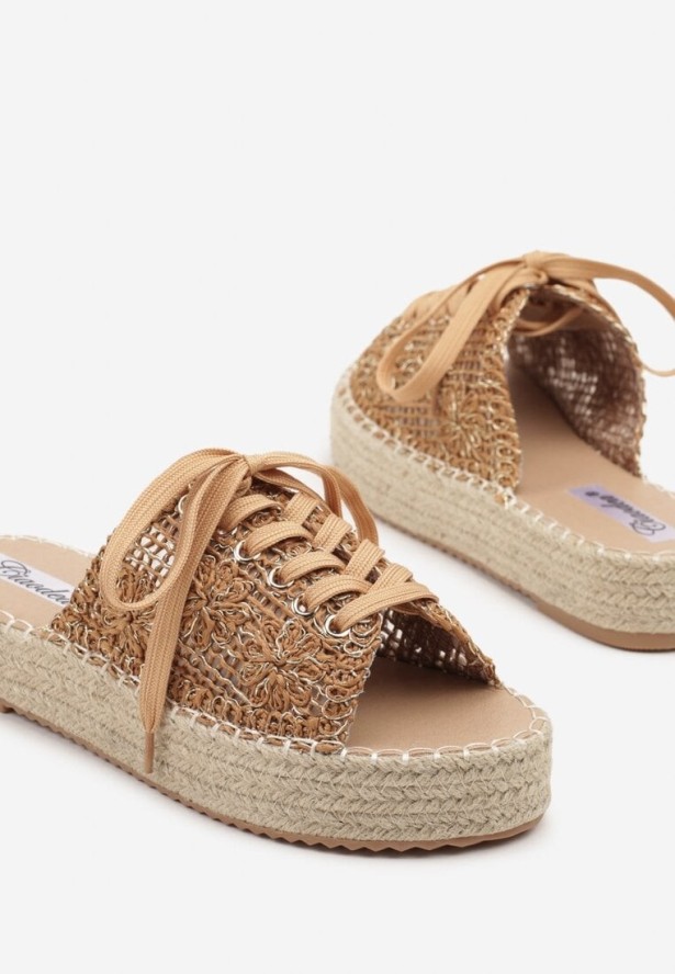 Jasnobrązowe Tweedowe Klapki na Plecionej Podeszwie ze Sznurowaną Cholewką Nevenisse