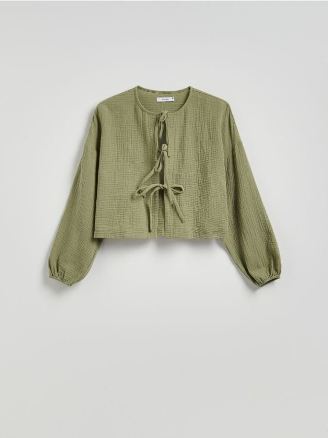 Muślinowa bluzka z wiązaniami - oliwkowy