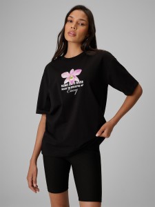 4F T-shirt loose z nadrukiem damski - czarny M