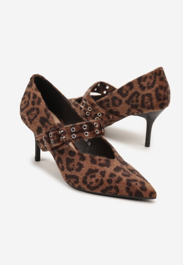 Brązowe Panterkowe Czółenka Vices na Szpilce ze Skórzaną Wkładką Ozdobione Nitami Aribene