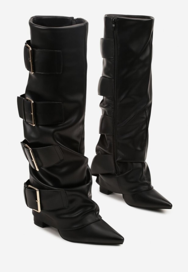 Czarne Marszczone Kozaki na Słupkowym Obcasie Zdobione Sprzączkami Arqellia