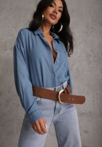 Niebieska Denimowa Koszula z Bawełną i Kieszonką Worimi