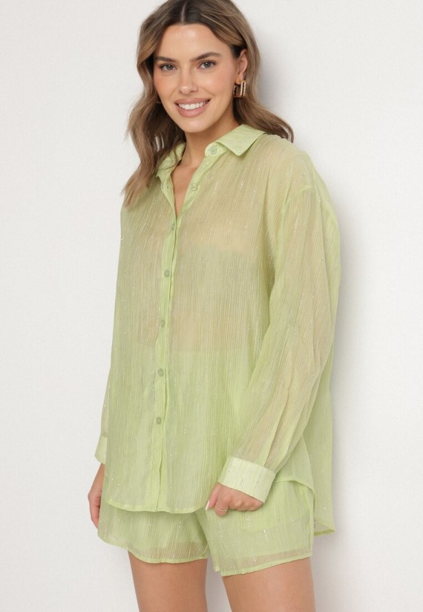 Zielony Komplet Ozdobiony Cyrkoniami Koszula i Szorty Jenorenea