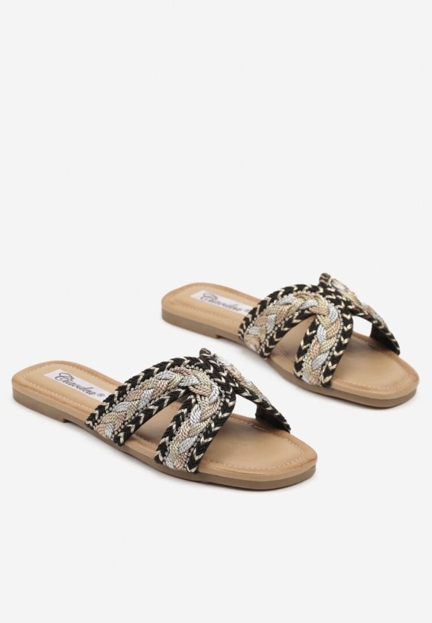 Czarne Klapki z Plecionką w Stylu Boho Felmirella