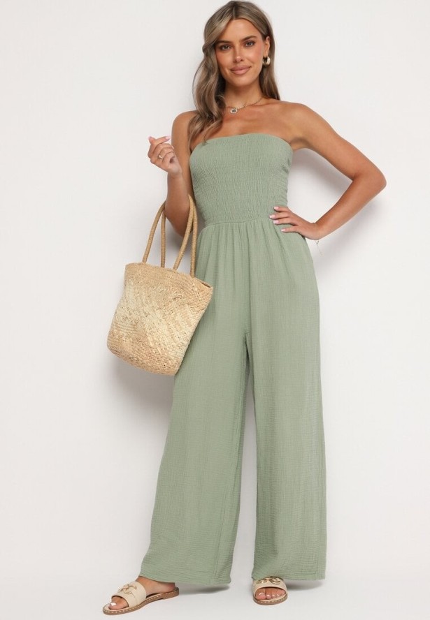 Jasnozielony Bawełniany Taliowany Kombinezon Góra Bandeau Wykończona Gumkami Moranna